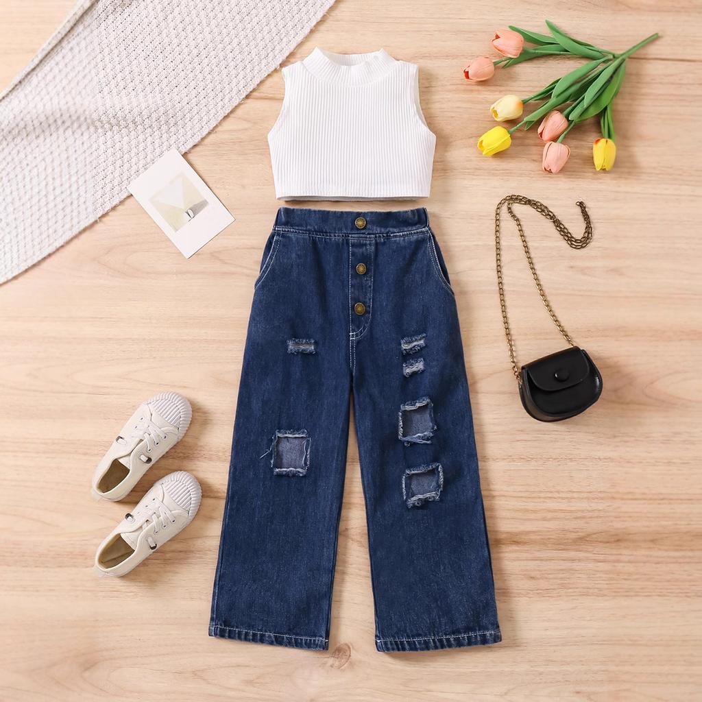 Summer Girls' Fashion Set, Children's Casual Solid-color Sleeveless Off-the-shoulder Pullover, Ripped Denim Trousers