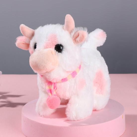 Electric Plush Dairy Cattle Toy Kids Walking Interactive Mooing Nodding Robot Scarf Cow Plushie Toy Toddlers Educational Simulation Animal Toy