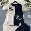 Autumn Winter Women Casual Plate Flower Knitted Sweater Trouser Two Piece Set O-neck Pullover Tops and Wide Leg Pant Suit