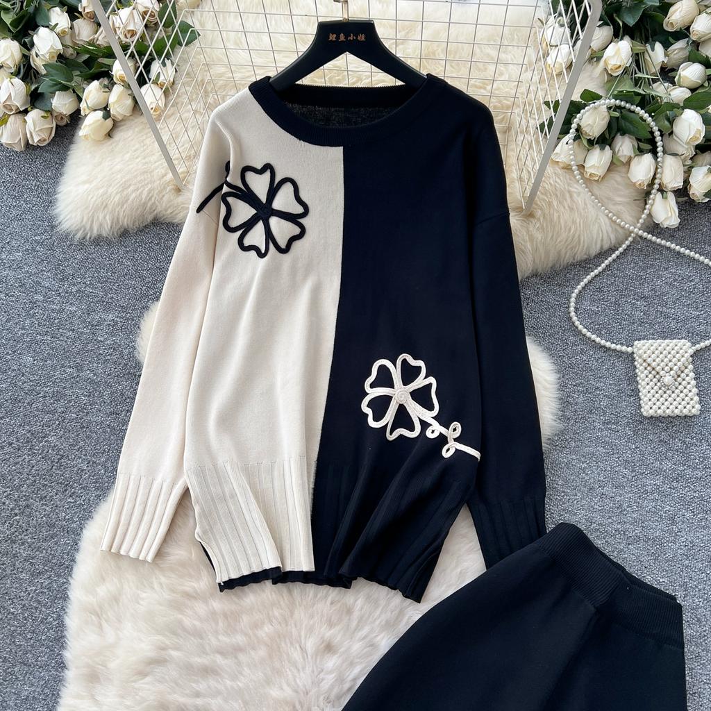 Autumn Winter Women Flower Pattern Knitted Sweater Trouser Two Piece Set O-neck Pullover Tops and Wide Leg Pant Tracksuit