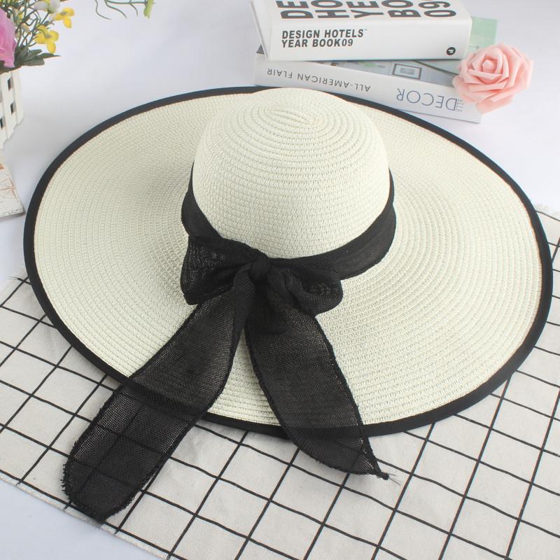 Lady Casual Wide Brim Straw Hat Big Bowkno Summer Fashion Sun Hats Beach Flat Panama Beach Cap Black Bow for Women Accessories