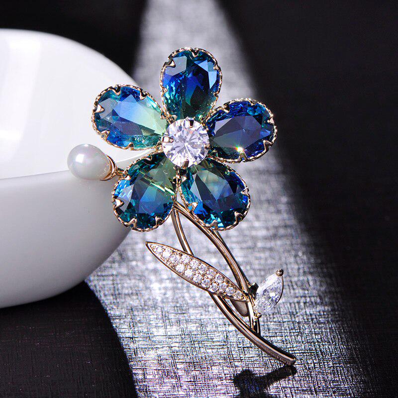 Blucome Elegant Plant Flower Shape Brooch Imitation Pearl Zircon Copper Jewelry Women Girls Coat Dress Sweater Scarf Accessories