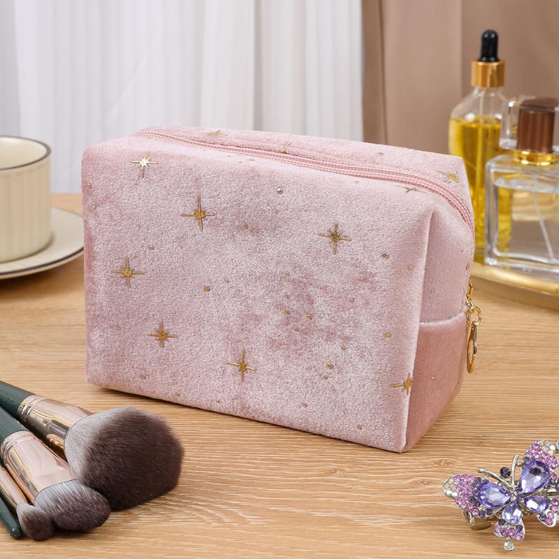 Cosmetic Pouch Spacious Velvet Cosmetic Bag Travel Toiletry Organizer With Star Pattern Portable Makeup Case For Lipstick