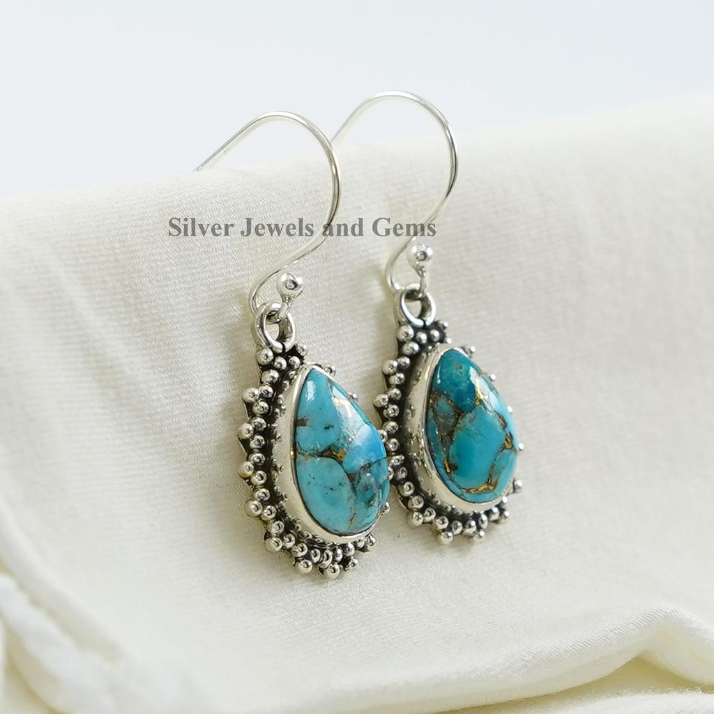 Teardrop Copper Turquoise Earrings, 925 Sterling Silver, Boho Style
