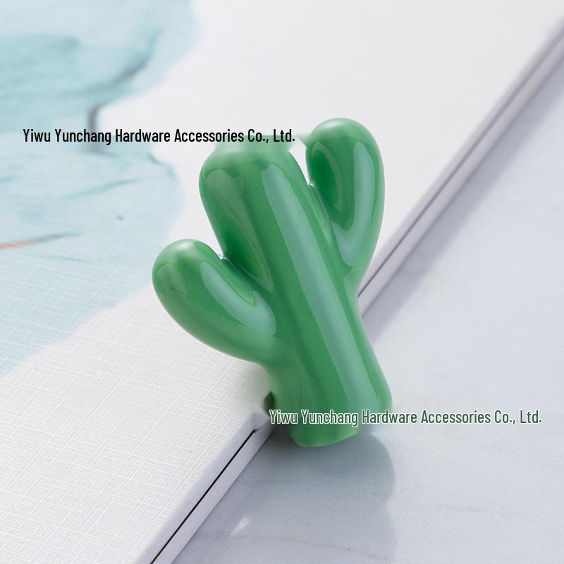 Yunchang Cactus Cartoon Ceramic Cabinet Handle - 5 Hand Colors, Cute Retro Design for Children's Rooms