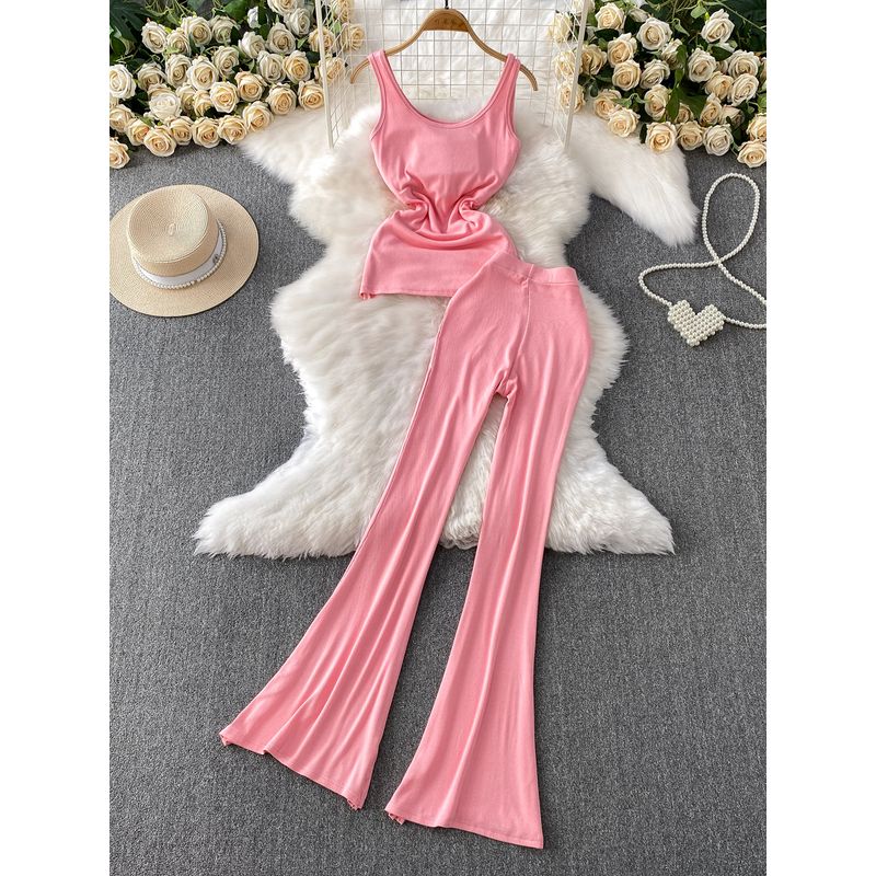 Gyaru Style Sleeveless Cami with Chest Padding Design Sense Pleat Waist Hugging Top + High Waist Slimming Trumpet pants Two-piece Set
