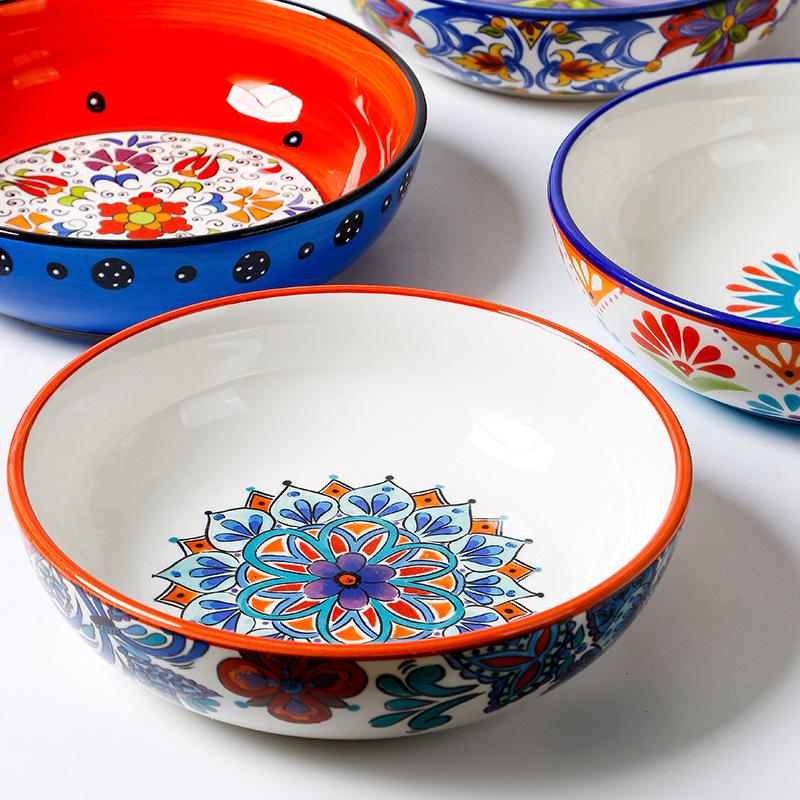 ამერიკული სალათის თეფში ხელით მოხატული მრგვალი კერამიკული ღრმა ლანგარი სახლის რუსტიკული ყვავილოვანი ჭურჭელი რამენი სიმინდი რვა დუიმიანი სუპის თეფში