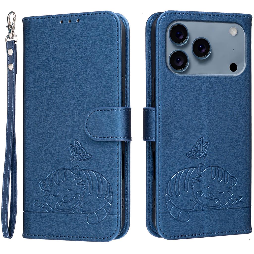 Für iPhone 17 Pro Hülle RFID-blockierende Geldbörse Ständer Geprägtes Katzenmuster Leder Klapphandyhülle mit Armband