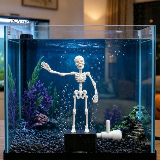 Atmospheric Underwater Props Halloween Aquarium Dancing Skeleton, Bubble Driven Moving Joints Skeleton Freshwater Landscaping Ornament, Realistic