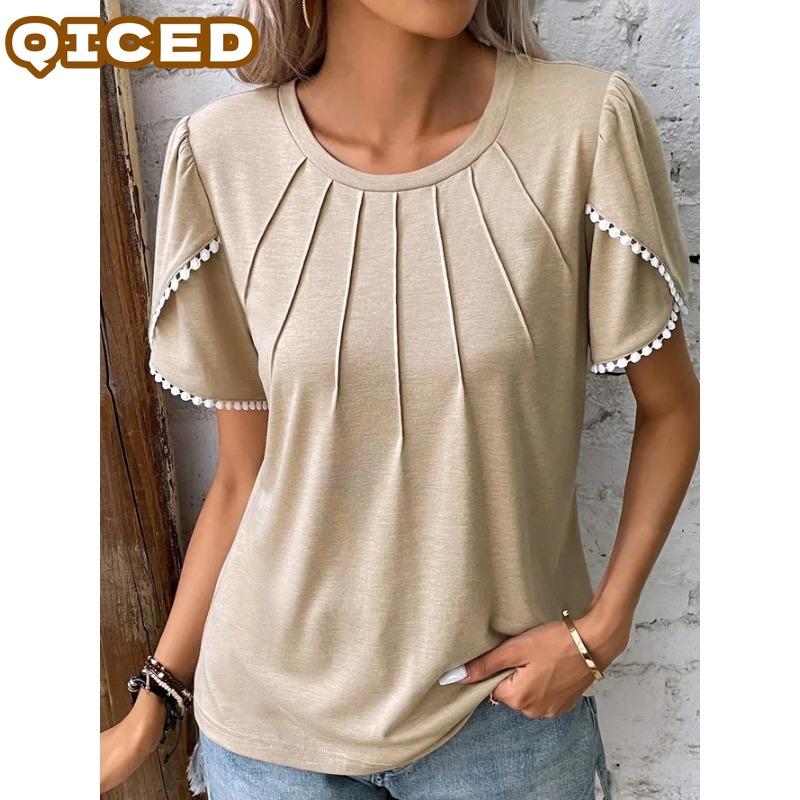 QICED Women's Fashion Casual Solid Color Print Short Sleeve O Neck Blouses & Shirts