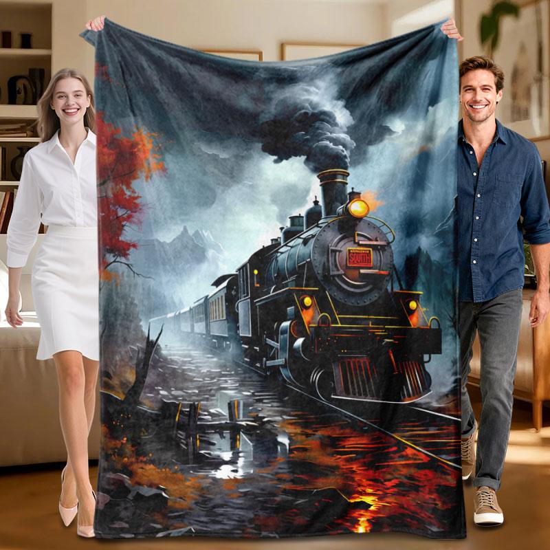 

1 piece steam train theme flannel blanket, suitable for sofa, bed, office, ideal gift for family, friends, perfect for holidays. 70x100cm
