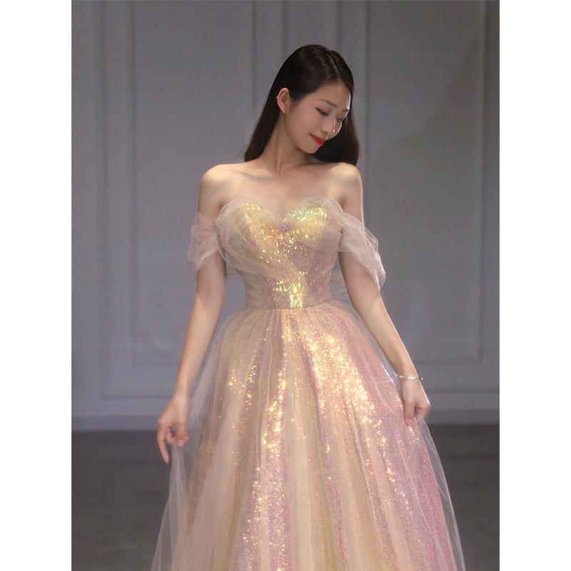 Evening Dress, New Mermaid Dress, Fairy Toast Dress, Bride One-word Shoulder Mesh Yarn, Thin Banquet Host Fairy