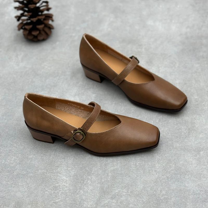Johnature Echtes Leder Dicke Absätze Retro Damen Pumps Retro Eckige Zehenpartie Mary Jane Absatzschuhe
