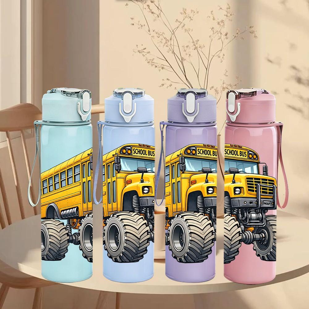 1PC Yellow Monster Truck School Bus Vehicle 750ml Color Plastic Sports Water Bottle Leakproof Flip Straw Lid Suitable for Sports Office Home Use