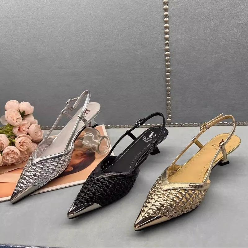 Fashion 2025 Summer Pointed Cat Heel Breathable Hand-Woven Gold and Silver French Sandals for Women