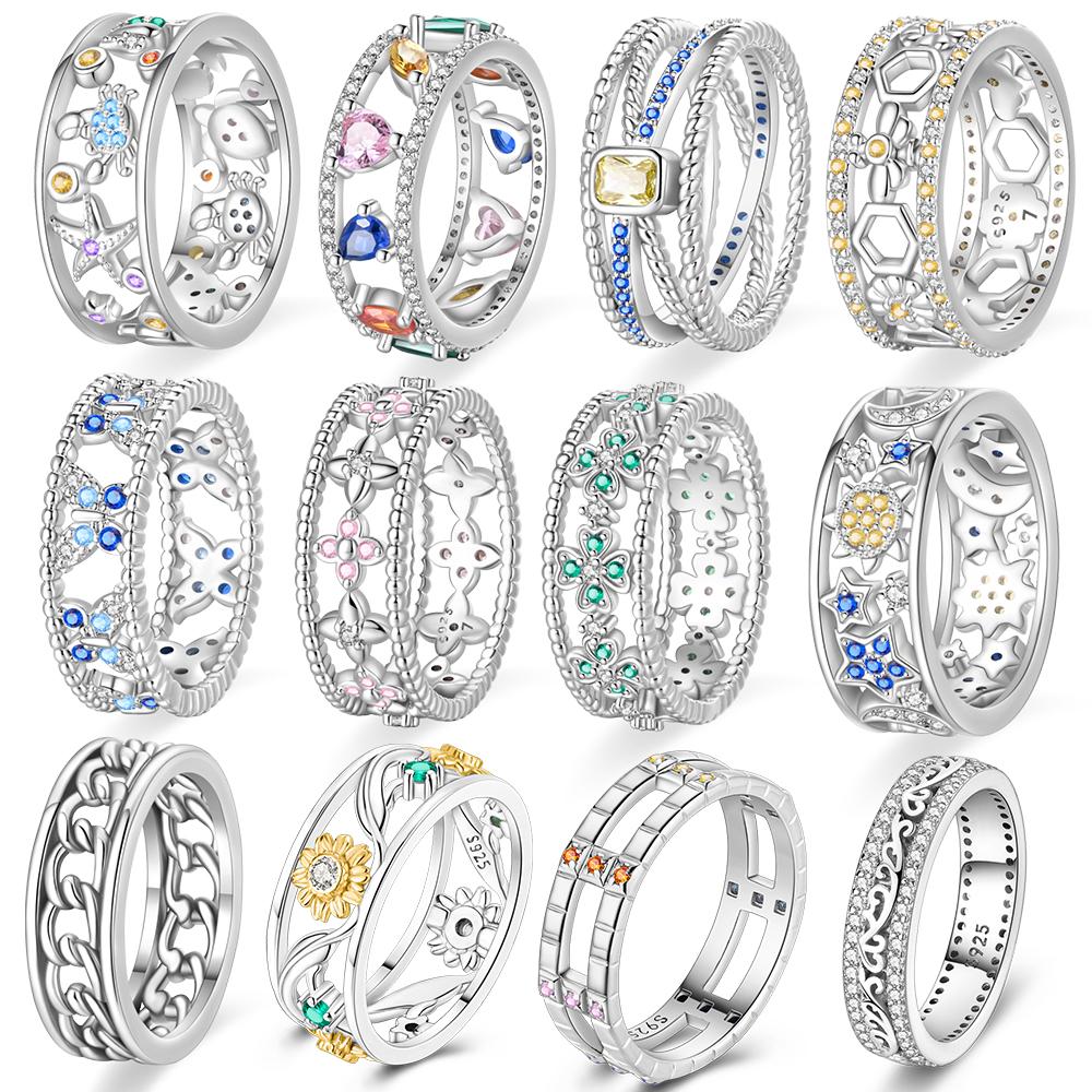 925 Sterling Copper Blue Ocean&Butterfly&Colorful Candy&Star&Retro Chain Wide Face Ring Ladies' Zircon and Accessories