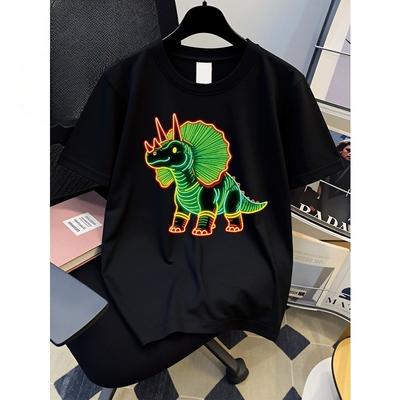 European Sizes Boys' T-Shirt Neon Dinosaur Stylized Green Glow, Ideal for Outdoor Activities, Soft Knitted Top, Comfortable And Breathable