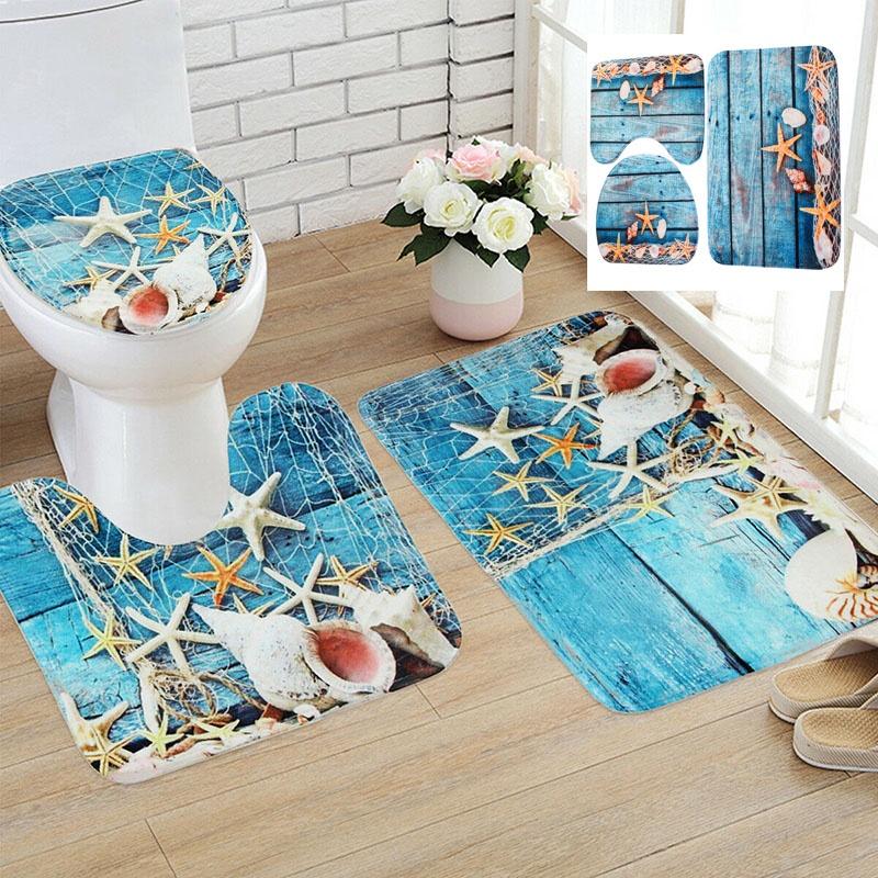 Luxurious 3pcs Beach Nonslip Bathroom Toilet Seat Cover Pedestal Rug Bath Mat Carpet Set
