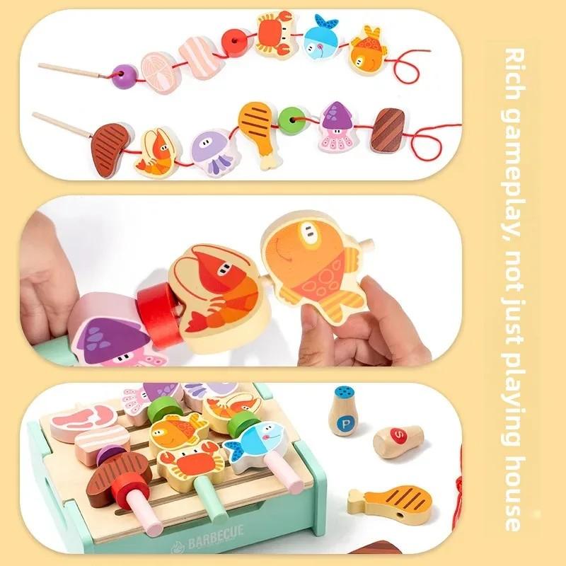 Wooden BBQ Toys Set Kitchen Pretend Play Toys Food Matching Game Children Role-playing Game Fine Motor Toys For Boys Girls
