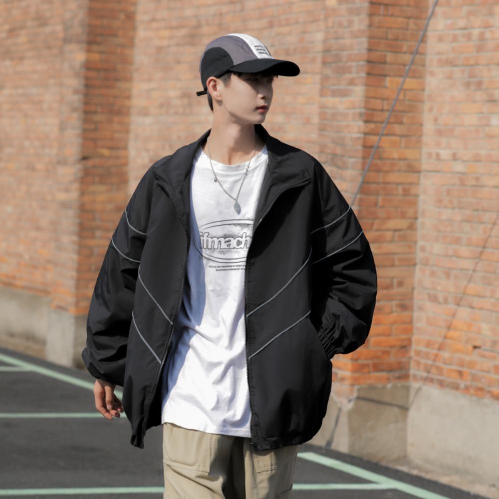 

Vintage Casual Sports Jacket Punching Jackets Women Men Loose Solid Color Thin Section Spring and Autumn Jacket L чорний