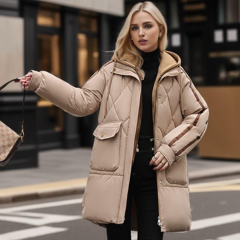 Damen Wattierte Jacke 2024 Winter Damen Kontrast Kapuze Verdicken Warm Lange Jacke Damen 2 Taschen Fake Zweiteilig Baumwolljacke