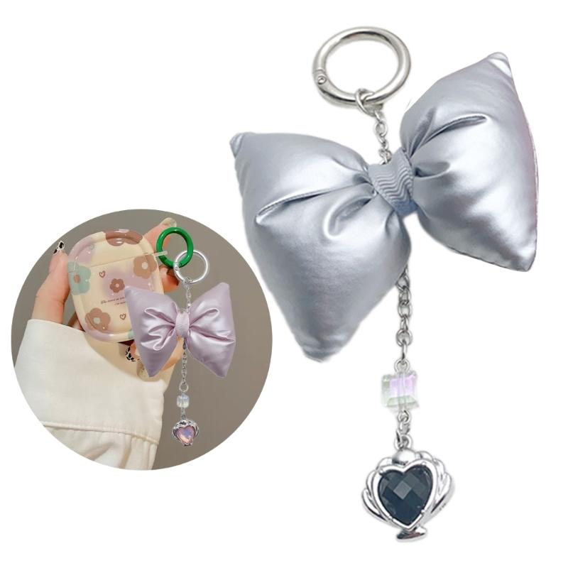 Elegantní plyšový přívěsek na klíče s mašlí a korálkovým přívěskem ve tvaru srdce, kroužek na klíče, ozdoba na kabelku a klíče