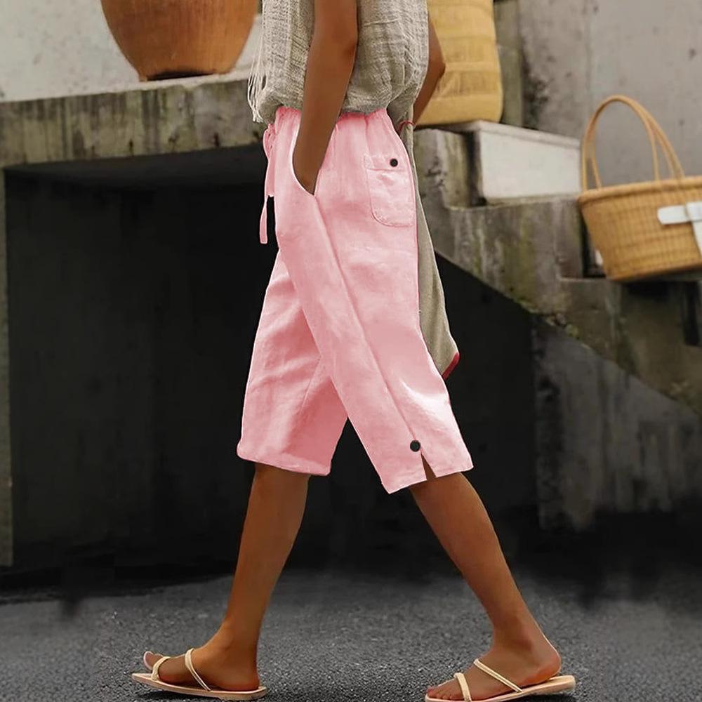 Pantaloni Capri da Donna in Cotone e Lino Monocolore, Vestibilità Larga, Cintura Davanti e Dietro, Tasche Multiple