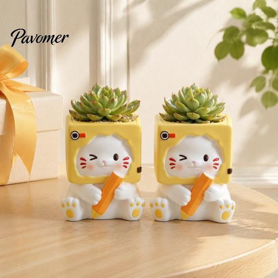 Decorative Resin Flowerpot Holding Pen Cat Planter Pot, Shaped Flowerpot, Office Desk Succulents Plants Container for Home Balcony Flower Pot