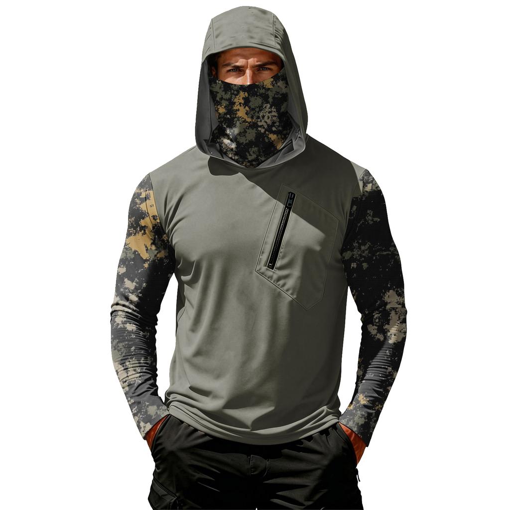 Men's Casual Camouflage Print Hooded Long Sleeve Sun Protection Shirt Lightweight Breathable Outdoor Activewear