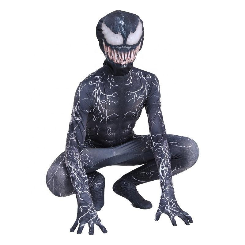 Kids Superhero Costume Venom with Lightning Bolts, Mask Set, Lycra, 4-5 Years, 120cm, Black/White