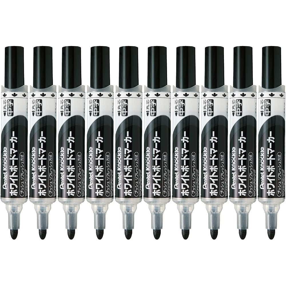 Pentel Whiteboard Marker Knocks, Round Core, Medium, EMWLM-A, Black, 10 Pcs