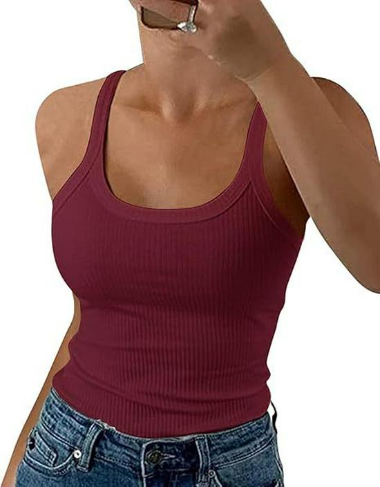 

Thin Strap Ribbed Cotton Tank Top - Slim Fit Sleeveless Camisole XL темно-червоний колір