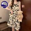 Women's Summer Retro Camisole Pajama Dress with Built-in Bra, Sweet Style, Versatile for Outdoor and Home Wear.