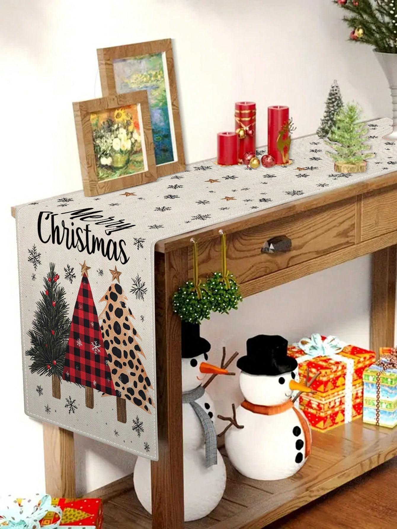 Merry Christmas Plaid Leopard Tree Snowflake Table Runner Unique Holiday Console Table Decor For Christmas Celebrations Charming 33x180cm