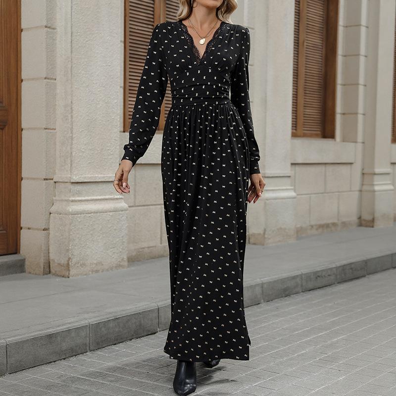 New Autumn Elegant Retro Style Lace V-neck Bow Printed Long Sleeved Dress