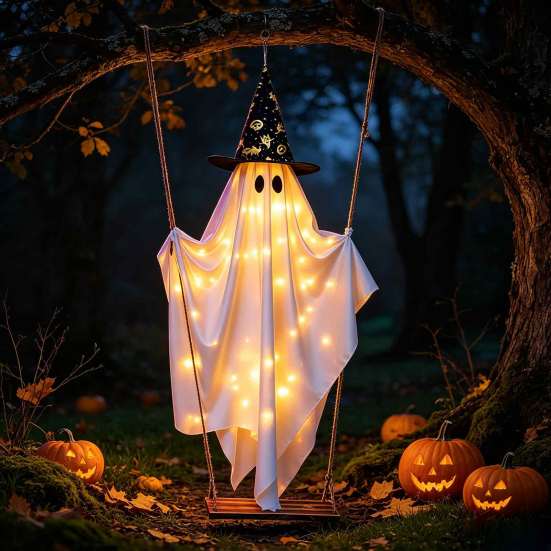 Lighted Spooky Ghost Decor Halloween Swing Hanging Decoration, Witch Hat Ornament with LED Battery Powered String Light, Remote Control Light-up