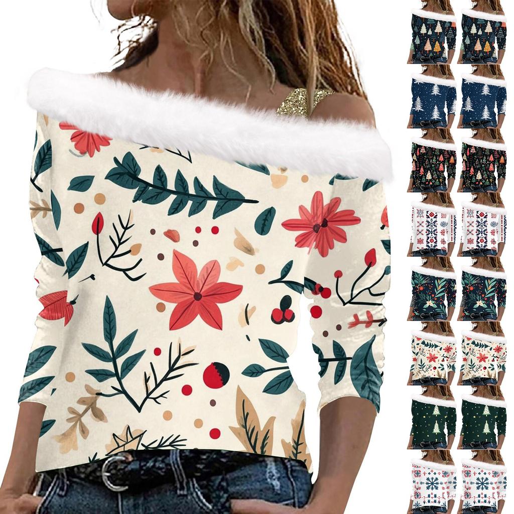 Women's Christmas Snowflake Print Long Sleeve Twill Pullover Collar Top