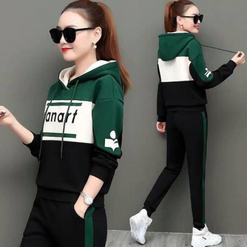 Casual Sportswear Suit for Women Spring and Autumn Korean Style Fashion Printed Hooded Sweatshirt Two-piece Set for Women
