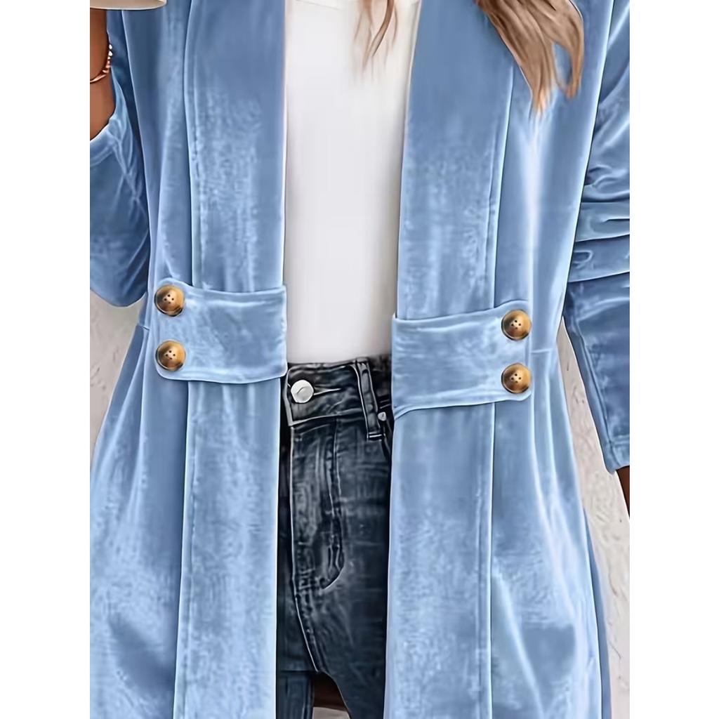 New Women's Double Breasted Decor Velvet Cardigan, Lazy Style Versatile Mid-length Top