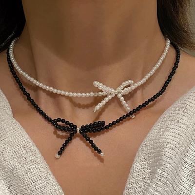 Collana girocollo coreana con fiocco di perle nere - Elegante girocollo da donna