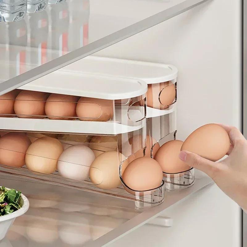 Bilayer Fridge Egg Storage Box Automatic Rolling Eggs Holder Rack Ladder Style Refrigerator Egg Organizer Holder Eggs Dispenser