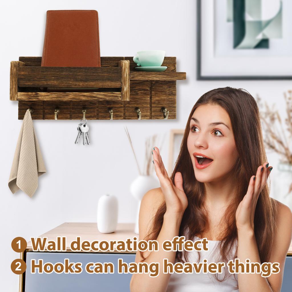 Wooden Mail Holder Wall Mounted Entryway Hallway Decorative  with 6 Key Hooks Rustic Home Wall Organizer Rack