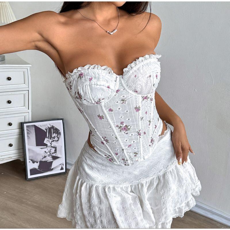 Sweet Floral Lace Steel Ring Fishbone Hollow Lace French style Pastoral Style Tube Top Vest Top