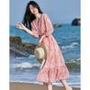 Demana French V-Neck Chiffon Print Puff Sleeve Ruffled Dress