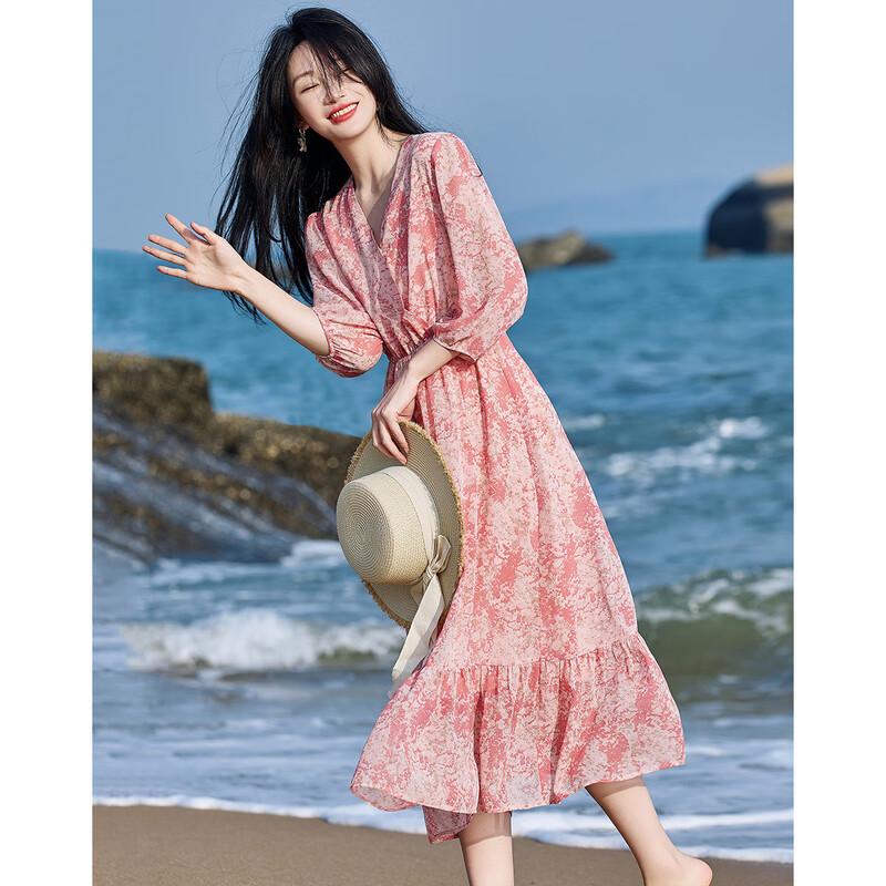 Demana French V-Neck Chiffon Print Puff Sleeve Ruffled Dress
