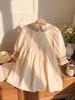 French Retro Floral Embroidery Long Sleeve Girls' Autumn Princess Dress with Lapel Shirring