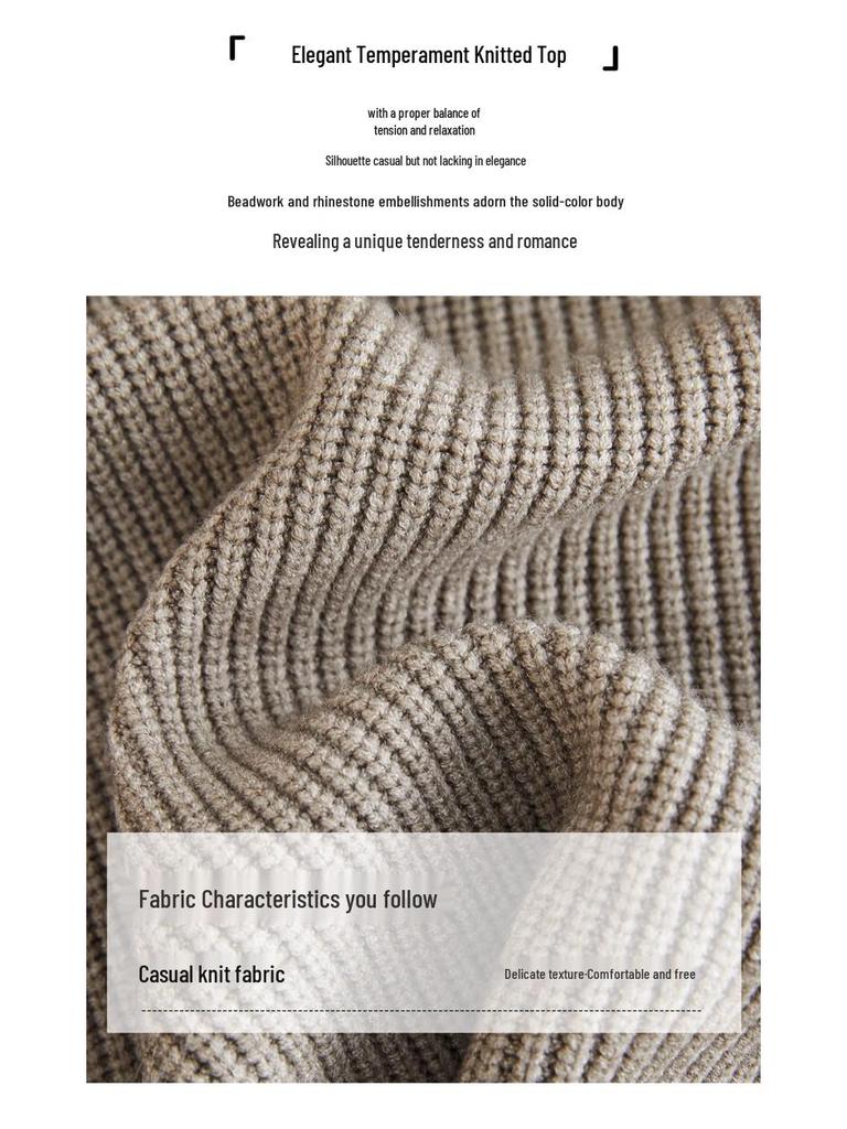 Women's Beaded Round Neck Drop-Shoulder Knit Top