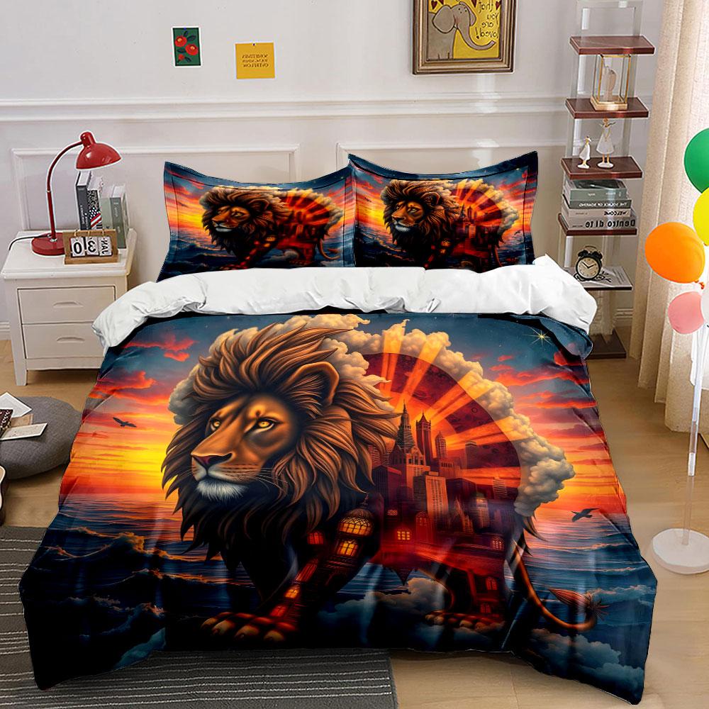 Abstract Lion City Sunset Decor Soft Comfortable Duvet Cover Bedding Set Included 1*Duvet Cover & 2*Pillowcases, Gift