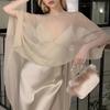 Asymmetric Tulle Cloak Strap Dress V Neck Satin Dress