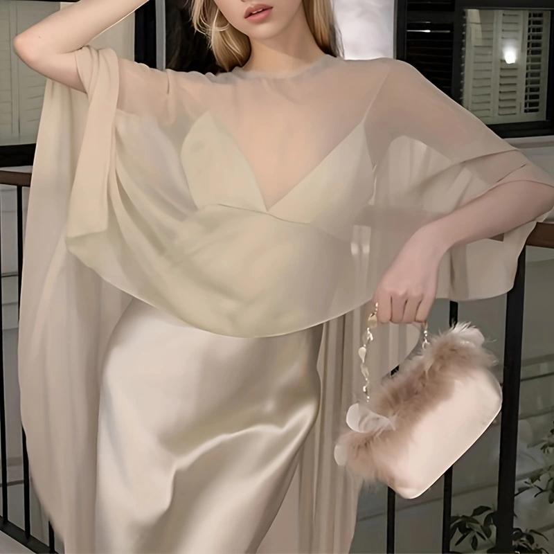 Asymmetric Tulle Cloak Strap Dress V Neck Satin Dress